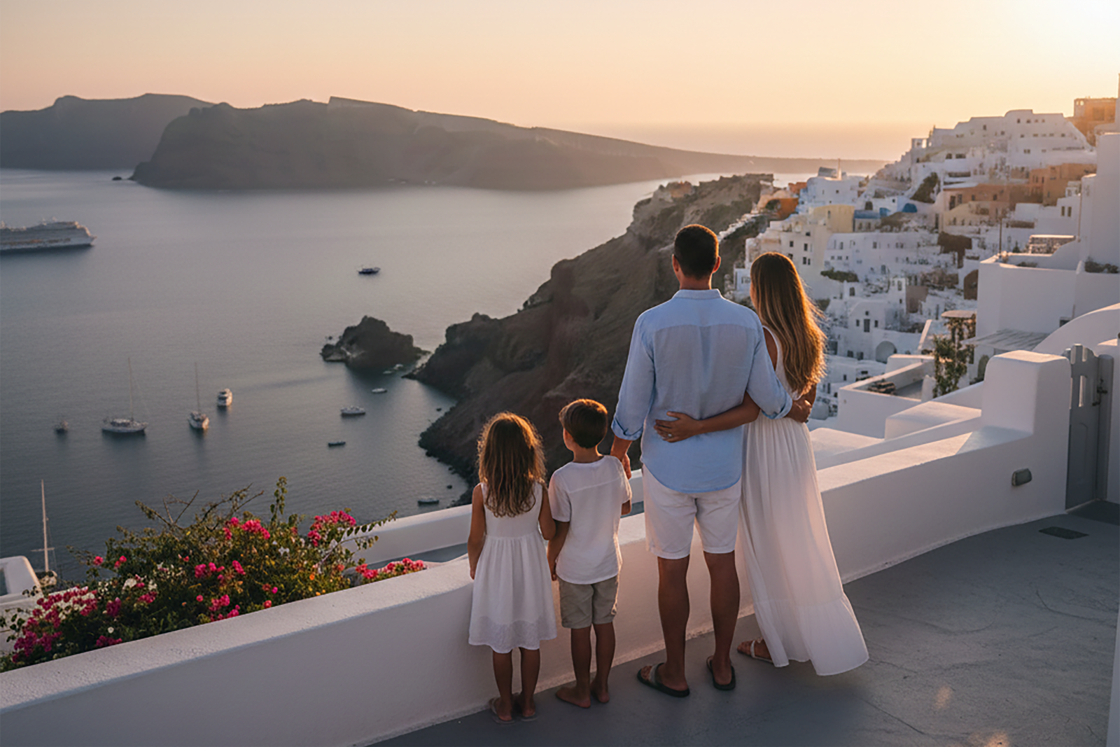 Family photoshoot in Santorini at sunset overlooking the caldera