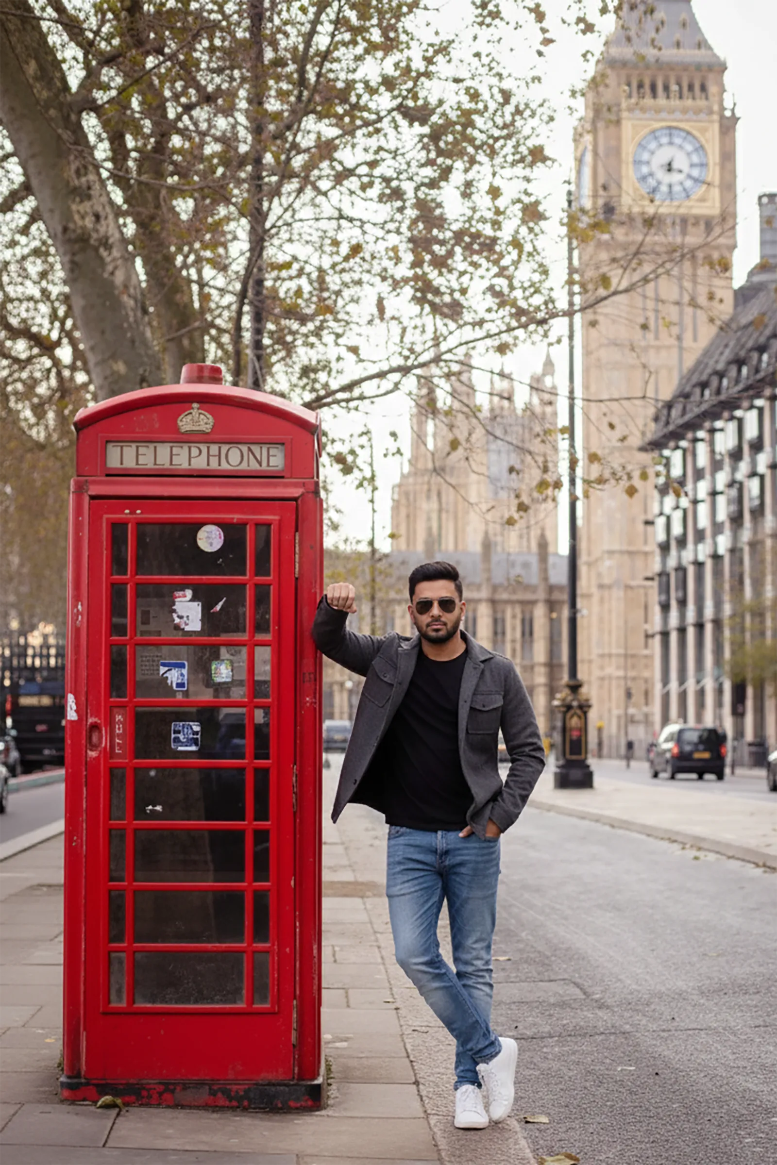 Solo photoshoot in London near Big Ben and red telephone booth