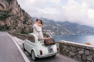 Vintage car photoshoot with Positano in background