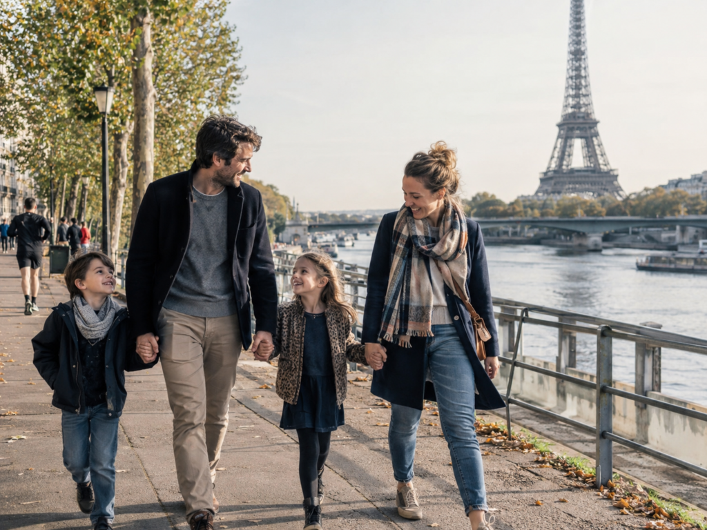 Family paris Family of four walking hand in hand along the Seine riverbank in Paris with the Eiffel Tower in the background