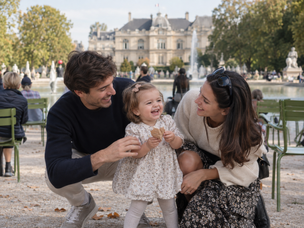 Family paris Smiling family with a toddler holding a leaf in front of the fountain at Luxembourg Garden in Paris