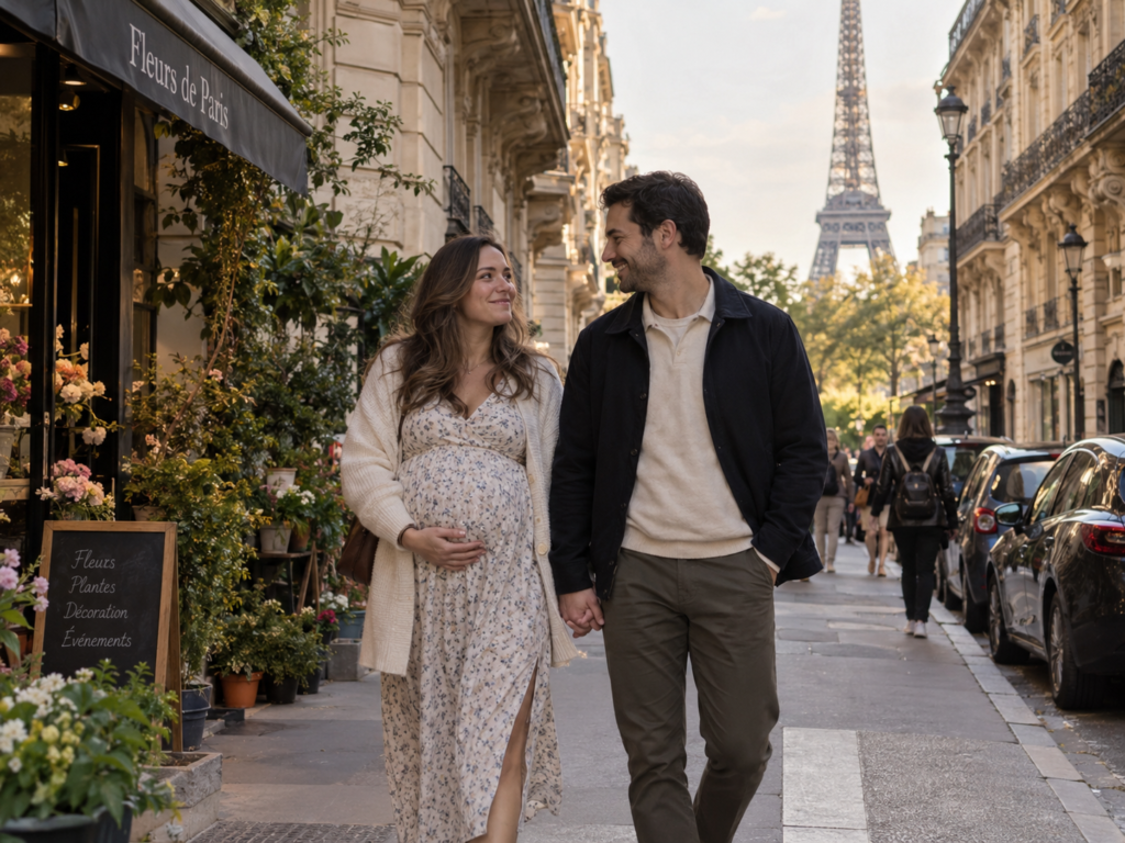 Babymoon Paris Pregnant couple holding hands while walking on a Paris street near the Eiffel Tower.