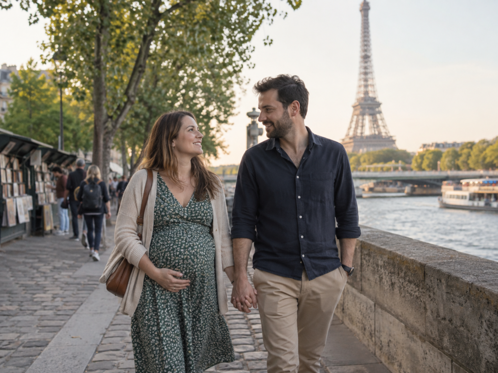 Babymoon Paris Pregnant couple holding hands while walking along the Seine in Paris with the Eiffel Tower in the background